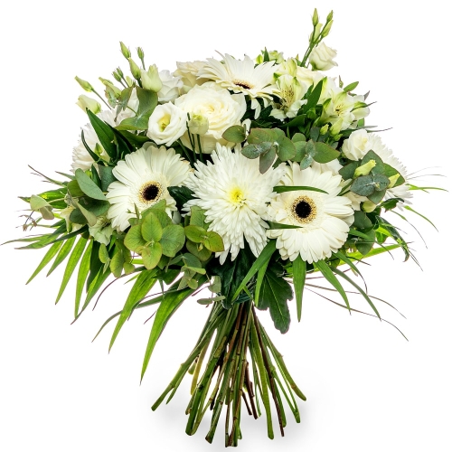 Πλούσιο μπουκέτο με λουλούδια εποχής σε λευκές αποχρώσεις