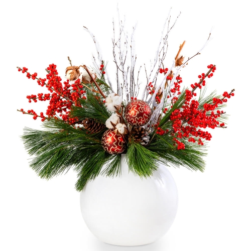 White glass vase with Christmas floral arrangement