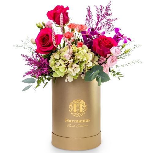 Gold box Harmantas with Automn floral arrangement