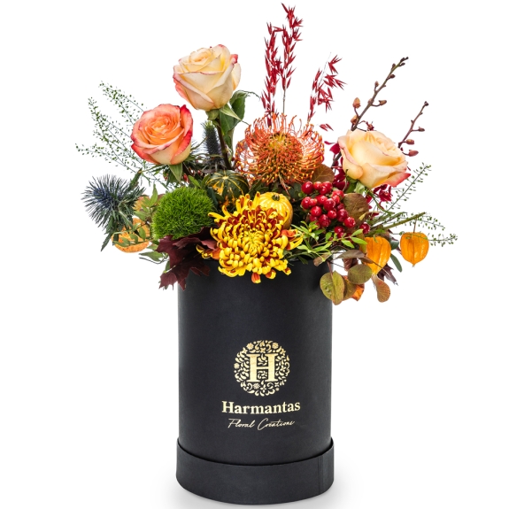 Harmantas tall black box with autumn floral arrangement