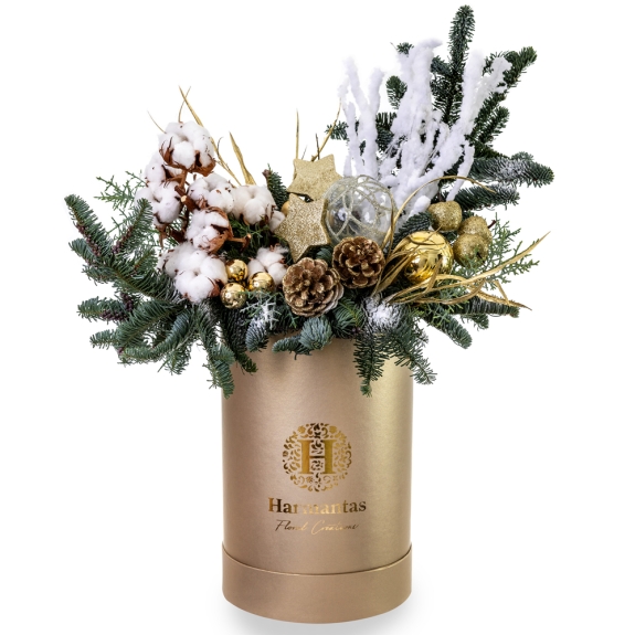 Festive gold box with white-gold shades floral arrangement