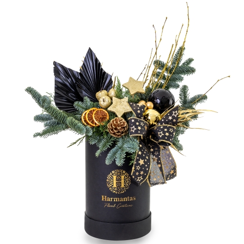 Festive black box with fir, gold and black ornaments