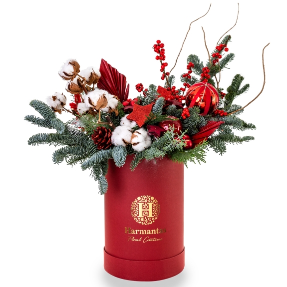 Festive red box with red arrangement and cotton