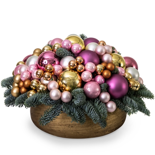 Gold pot with Christmas balls and fir