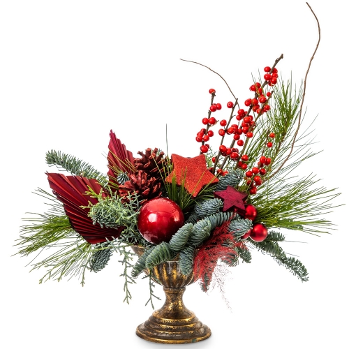 Gold pot with Christmas floral arrangement