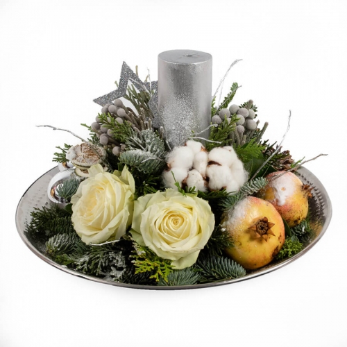 Silver christmas arrangement plate with candle