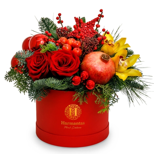 Red Christmas box with beautiful flowers