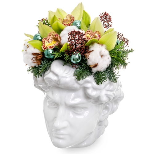 Michelangelo's David with a festive crown