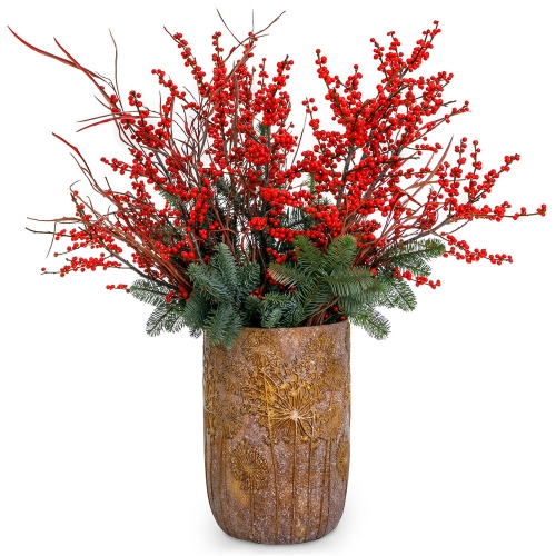 Impressive stone vase with fir and ilex