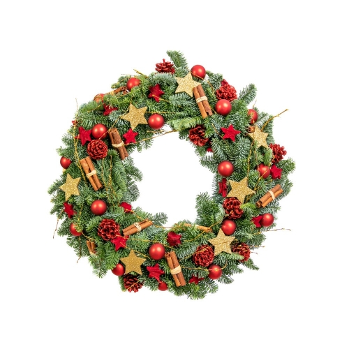 Christmas wreath from fir with red ornaments