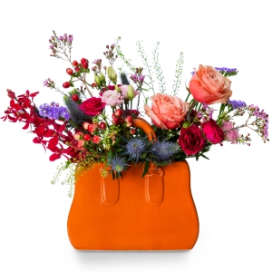 Orange ceramic bag with colorful flowers