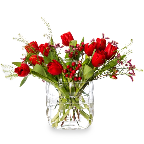 Venetta glass bag with red tulips