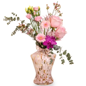 Pink women body vase with pink and fuchsia flowers