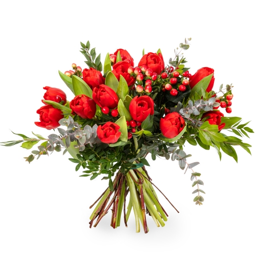 Red bouquet with tulips and hypericum