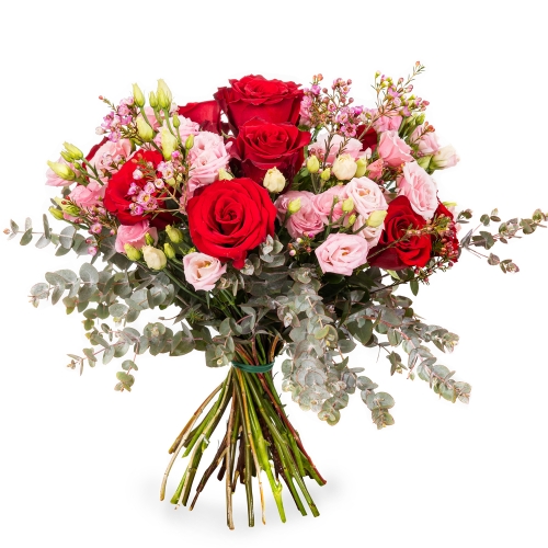 Bouquet with pink lisianthus and red roses