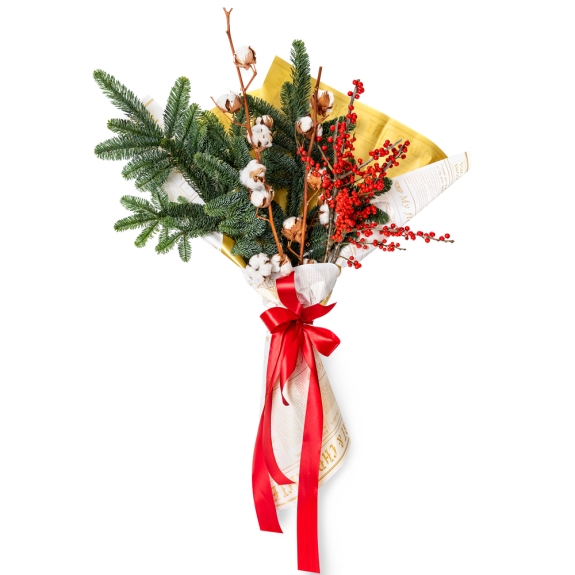 Christmas bouquet with fir, cotton flowers and ilex