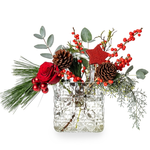 Glass vase bag with holly, pine and red rose