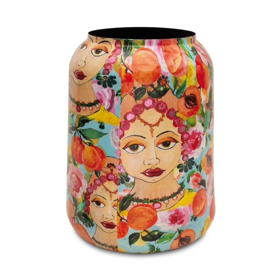 Lady with fruits themed cobalt pot vase big size